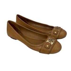 Tory Burch Leather Slip On Ballet FlatsTan w Gold Tone Metal Logo Women's Sz 9